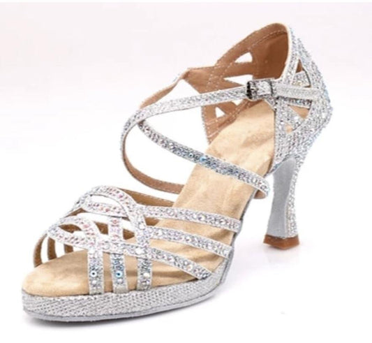 Anita grigio - Latinosa - Scarpe da ballo su misura - tessuto argento - strass gioiello